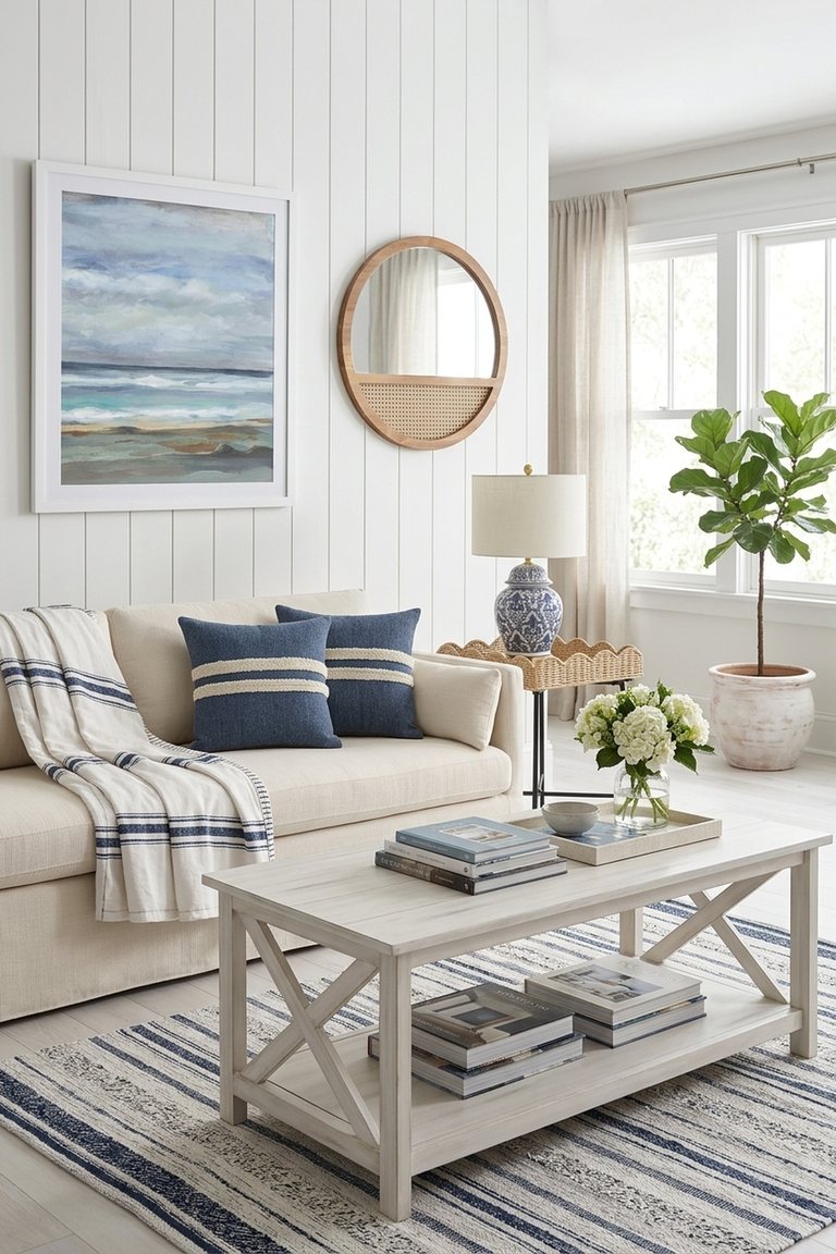 AI-generated Hamptons / Coastal living room: The Coastal Estate